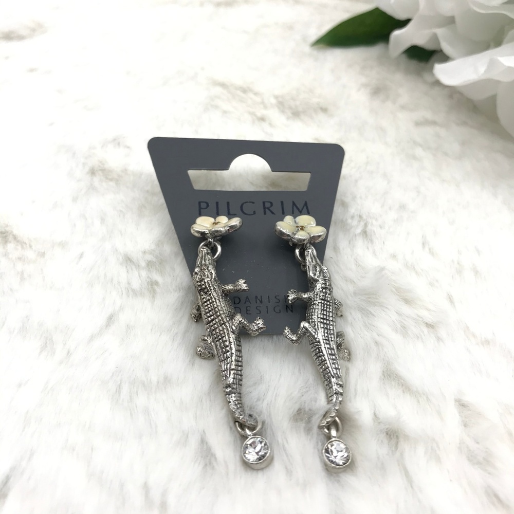 Silvertone White Enamel Crystal Alligator Earrings - Picture 5 of 8